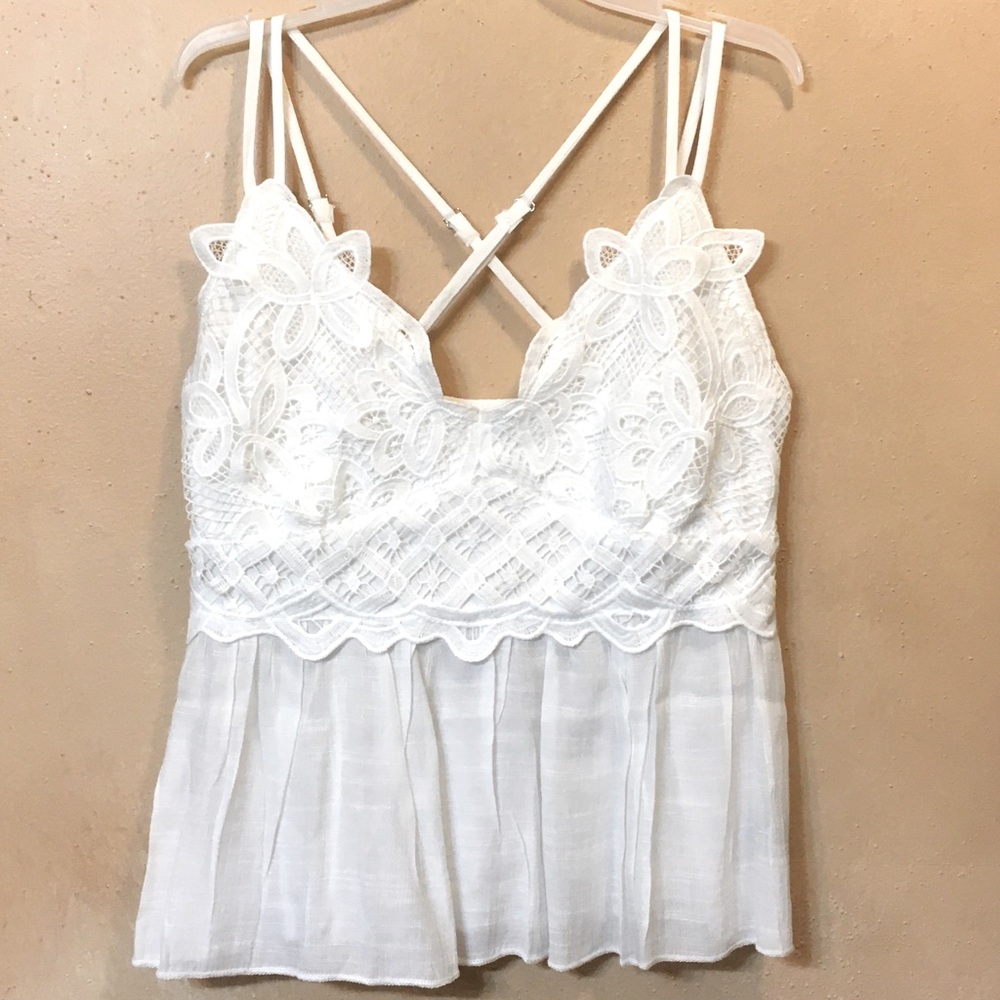 Cross Strap Boho Smocked Back Crochet Lace Cami Top, Size S/M